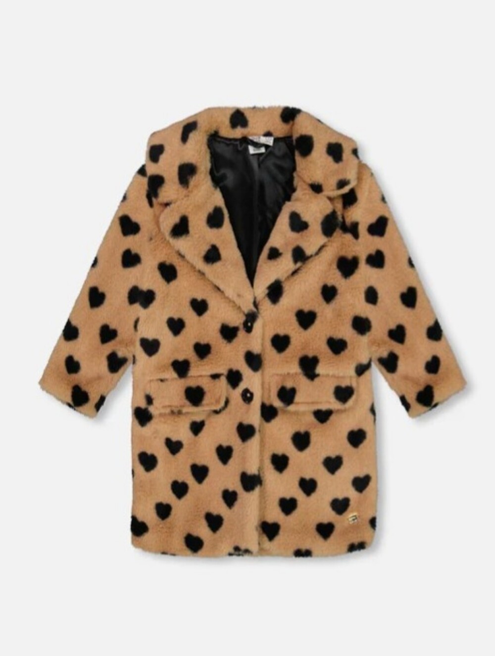 deux par deux Tan Faux Fur Coat with Black Heart Print